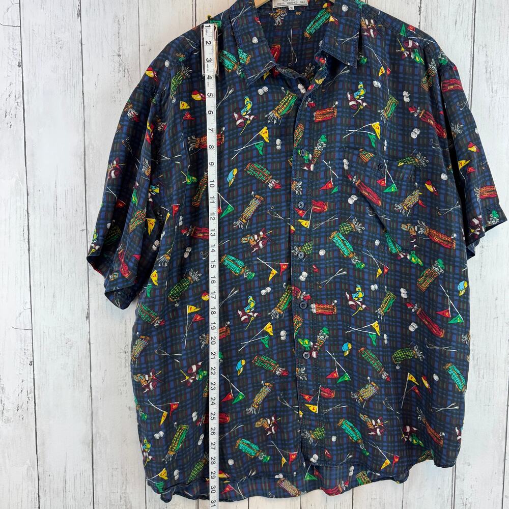 VTG 80's Snow Blue Plaid Washable Silk Golf Clubs Short Sleeve Shirt Size XL - Picture 12 of 13